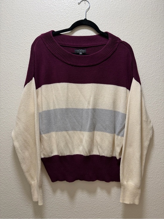Lucky Brand Sweaters - Retro Style Lucky Brand Plum, Cream & Light Gray Striped Crewneck Sweater